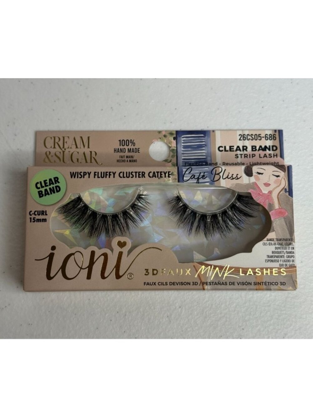 ioni Cream & Sugar Wispy Fluffy Cluster Cat Eye Clear Band False Lashes Glam